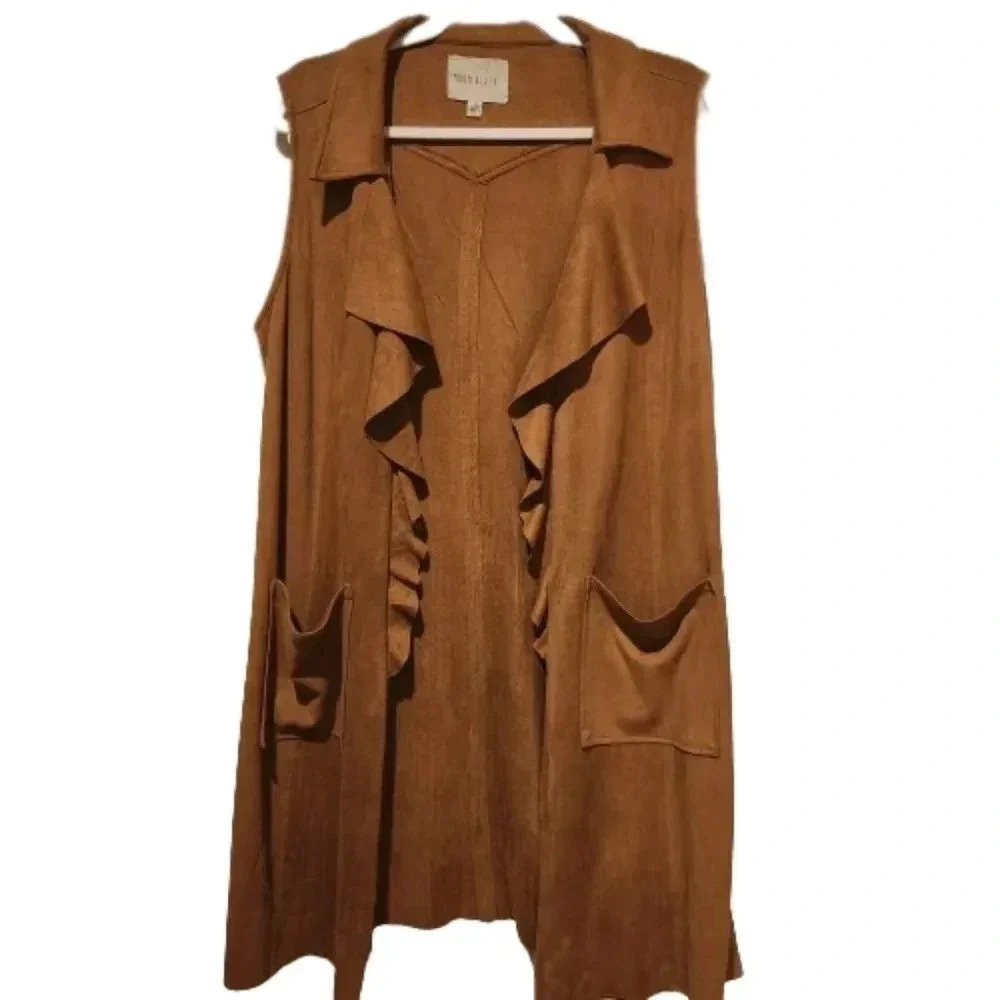 Moon River Faux Suede Sleeveless Duster Vest – Camel Brown – Size XS